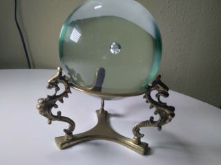 Antique - Vintage Murano Crystal Ball With Metal Dragon Brass Stand Large 8 " Tall