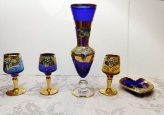 Vintage Italian Murano Venetian Cobalt Blue Wine Glass Set With Decanter