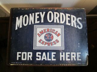 Antique 1918 American Express M/o Flange Porcelain Advertising Sign - 2 Sided