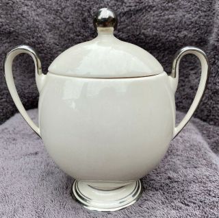 Vintage Sugar Bowl With Lid Made In Usa Handles Narrow Off White Silver Handled