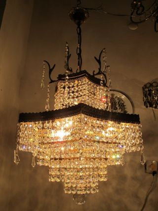 Antique Vnt Brass Real Swarovski Crystal Chandelier Lamp Ceilling Light 1960s Rr