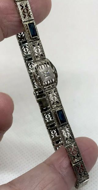 Antique Art Deco 10k White Gold Diamond & Sapphire Filigree Link Bracelet -