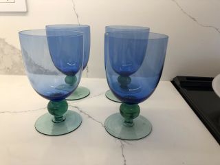 Vintage Set Of 4 Blue Bowl Water Goblet W/green Ball Stem 16oz 6 " Tall