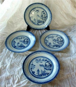 1780 Antique Chinese Canton Blue & White Porcelain Plate X 4 Qianlong Export 10 "