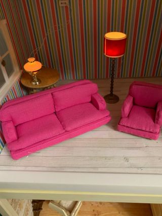 Lundby Smaland Dollhouse Pink Sofa Couch With Matching Armchair