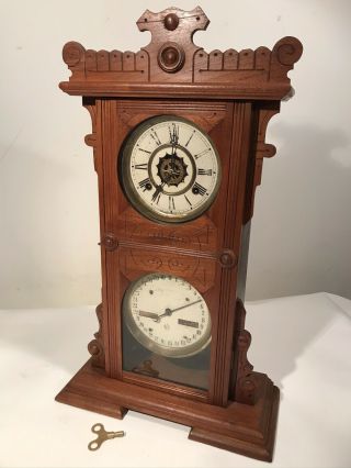 Antique Waterbury American Double Dial Calendar Mantle Clock 24x14.  5x6” Tall