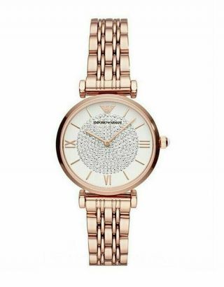Emporio Armani Womens Watch Crystals White Dial Rose Gold Band Ar11244