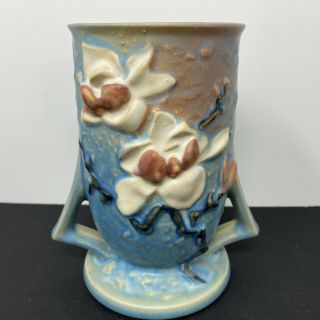 Vintage Roseville Pottery Blue Magnolia Double Handle Vase Art Deco Usa