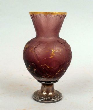 Antique Signed Daum Nancy Floral Decor Cameo Glass Vase With Silver Base