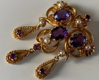 Magnificent V Large Antique 9ct Gold Pendant Large Amethysts And Pearls