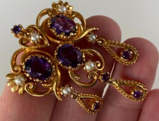 MAGNIFICENT V LARGE ANTIQUE 9CT GOLD PENDANT LARGE AMETHYSTS AND PEARLS 2