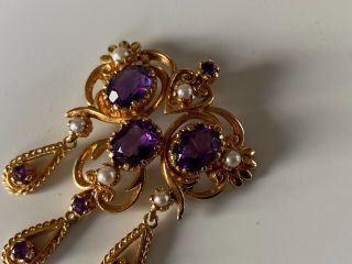 MAGNIFICENT V LARGE ANTIQUE 9CT GOLD PENDANT LARGE AMETHYSTS AND PEARLS 3