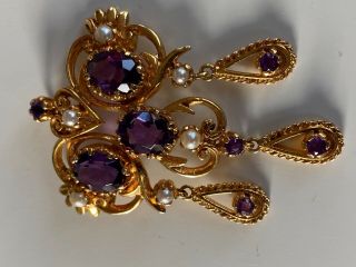 MAGNIFICENT V LARGE ANTIQUE 9CT GOLD PENDANT LARGE AMETHYSTS AND PEARLS 4