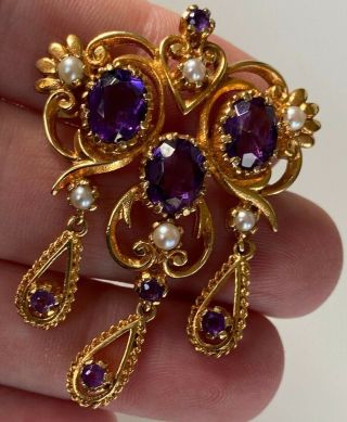 MAGNIFICENT V LARGE ANTIQUE 9CT GOLD PENDANT LARGE AMETHYSTS AND PEARLS 5