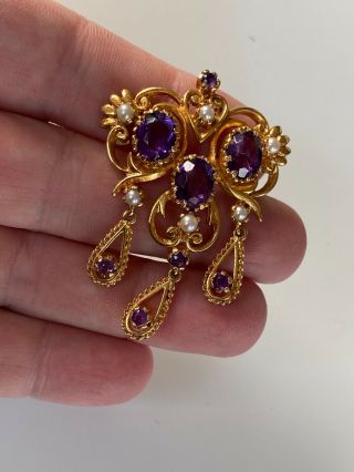 MAGNIFICENT V LARGE ANTIQUE 9CT GOLD PENDANT LARGE AMETHYSTS AND PEARLS 6