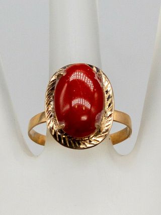Antique 1940s Retro 6ct Ox Blood Natural Coral Gem 14k Yellow Gold Ring