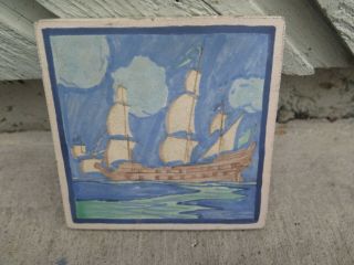 Antique Marblehead Pottery Sailing Ship Tile Stamped On Verso M P