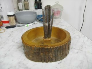 Vintage Ellwood Rusticware Tree Bark Nut Bowl With Nut Cracker & 3 Picks