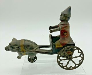 Antique Clown In Pig Cart & Bell Cast Iron Pull Toy Gong Bell Revolving Bell