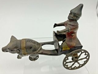 Antique Clown In Pig Cart & Bell Cast Iron Pull Toy Gong Bell Revolving Bell 2
