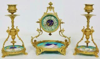 Exquisite Antique French 8 Day Bronze & Porcelain Portico Desk Mantle Clock Set