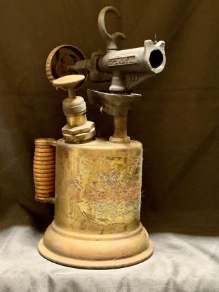 Vintage Turner Brass Blow Torch With Wood Wooden Handle Sycamore Il
