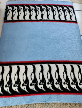 Vintage Biederlack Penguins Blue Black Red Throw Fuzzy Blanket