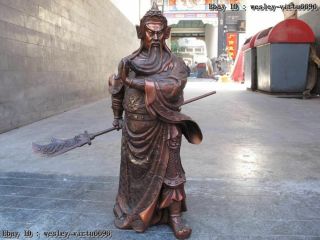 Chinese Bronze Copper Dragon Guan Yu Guan Gong Warrior Hold Broadsword Statue