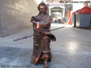 Chinese Bronze Copper Dragon Guan Yu Guan Gong warrior Hold Broadsword Statue 2