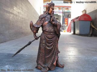 Chinese Bronze Copper Dragon Guan Yu Guan Gong warrior Hold Broadsword Statue 3