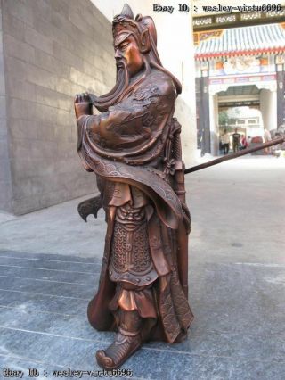 Chinese Bronze Copper Dragon Guan Yu Guan Gong warrior Hold Broadsword Statue 4