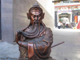 Chinese Bronze Copper Dragon Guan Yu Guan Gong warrior Hold Broadsword Statue 5