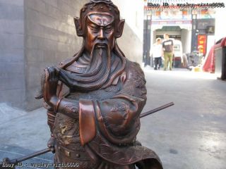 Chinese Bronze Copper Dragon Guan Yu Guan Gong warrior Hold Broadsword Statue 6