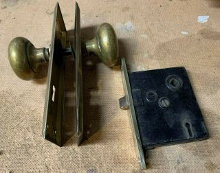 Vintage Penn Brass Latch Door Knobs 7 " Back Plates Mortised Set W/ Key Holes