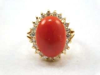 Vintage Large 14k Yellow Gold Oval Red Coral White Sapphire Ring 9.  3 Grams