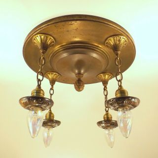 Big Antique Arts Crafts Brass Bronze Semi Flush Ceiling Light Fixture Chandelier