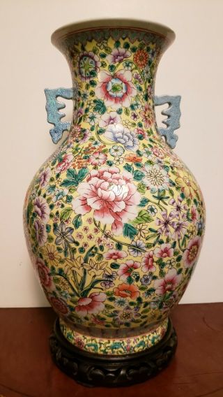 Large Chinese Antique Millefiori Famille Roze Baluster Vase Mid 19th Century