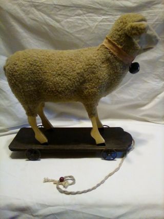 Antique Lamb Pull Toy On Wheeled Platform - Unknown Maker