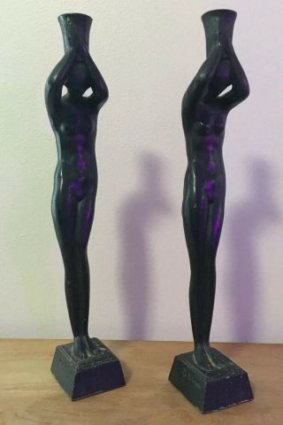 Vintage Sidney Loeb Art Deco Nude Figurine Sculpture Cast Metal Candle Holders