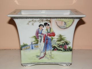 Fine Chinese Republic Period Famille Rose Porcelain Planter & Stand Garden Scene