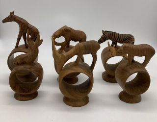 Vintage Hand Carved African Safari Animal Wooden Napkin Holder Rings Set Of 6