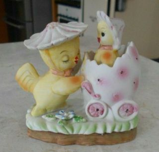 Vintage Adorable Easter Figurine Bisque Chick And Peep In Egg Stroller Figurine