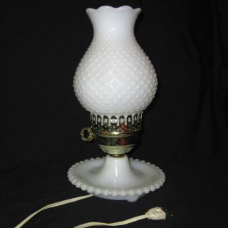 Vtg 10.  75 " White Milk Glass Hobnail Electric Lamp Hurricane Shade Bedside Table