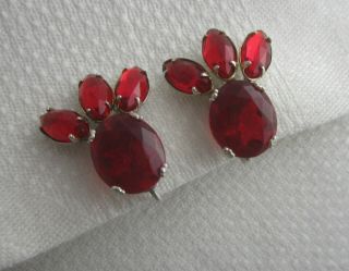 Vintage Sterling Silver Screwback Earrings With Ruby Red Prong Set Rhinestones