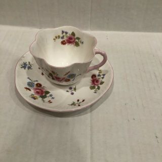 Vintage Shelley Pink Handle Dainty Rose And Red Daisy Tea Cup And Saucer