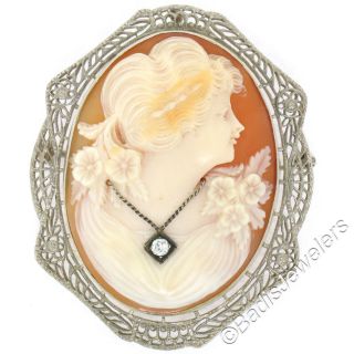 Antique Art Deco Large 14k White Gold Cameo Diamond Filigree Brooch Pin Pendant