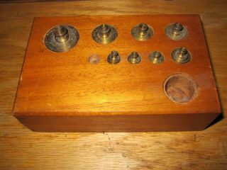 Vintage Brass F.  Hopken Apothecary 1900s Scale Weights 9 Piece Set Orig Wood