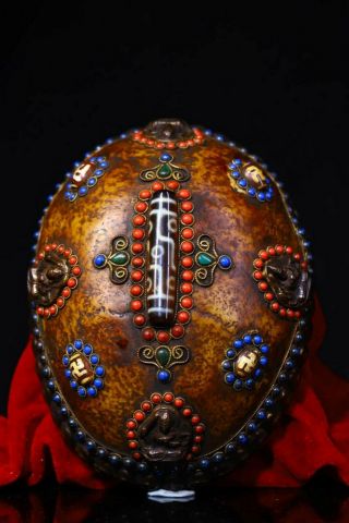 7 " Old Tibet Tantra Faqi Skull Bone Inlay Gem Dzi Buddha Gabbra Kapala Bowl Cup