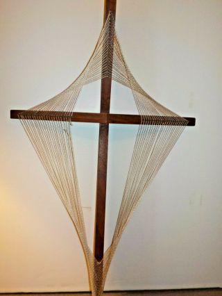Vtg Mid Century Danish Modern Gold String Art & Walnut Crucifix 3d Wall Cross
