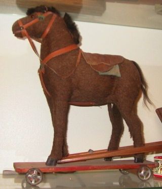 Antique German Large Brown Mohair Horse Pull Toy Early 1900s